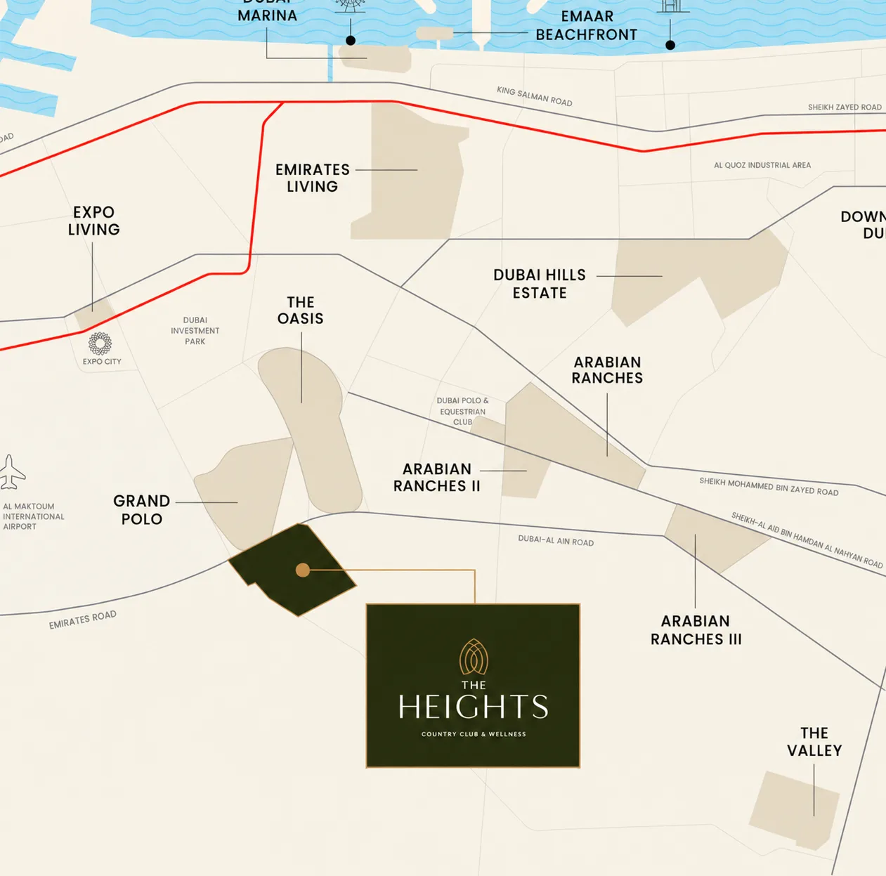 Map positioning Lunaya near Sheikh Zayed Road and major destinations in the Jebel Ali growth corridor